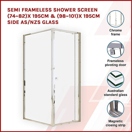 Semi Frameless Shower Screen (74~82)x 195cm & (98~101)x 195cm Side AS/NZS Glass Kings Warehouse 
