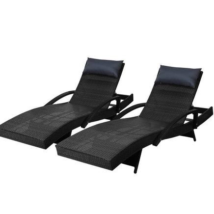 Set of 2 Sun Lounge Outdoor Furniture Wicker Lounger Rattan Day Bed Garden Patio Black KingsWarehouse 