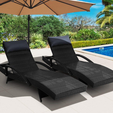 Set of 2 Sun Lounge Outdoor Furniture Wicker Lounger Rattan Day Bed Garden Patio Black KingsWarehouse 