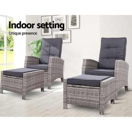 Set of 2 Sun lounge Recliner Chair Wicker Lounger Sofa Day Bed Outdoor Chairs Patio Furniture Garden Cushion Ottoman Gardeon Outdoor Kings Warehouse 