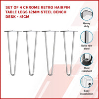 Set of 4 Chrome Retro Hairpin Table Legs 12mm Steel Bench Desk - 41cm Kings Warehouse 