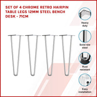 Set of 4 Chrome Retro Hairpin Table Legs 12mm Steel Bench Desk - 71cm Kings Warehouse 