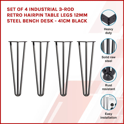 Set of 4 Industrial 3-Rod Retro Hairpin Table Legs 12mm Steel Bench Desk - 41cm Black Kings Warehouse 