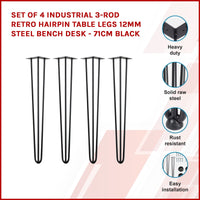 Set of 4 Industrial 3-Rod Retro Hairpin Table Legs 12mm Steel Bench Desk - 71cm Black dining Kings Warehouse 