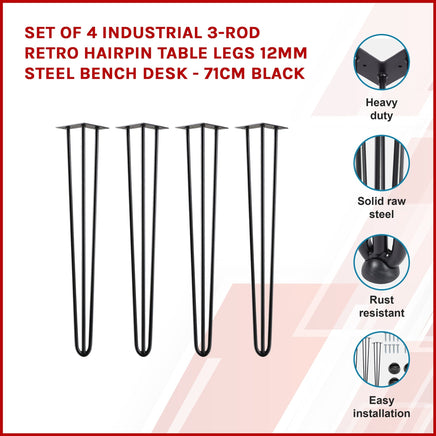 Set of 4 Industrial 3-Rod Retro Hairpin Table Legs 12mm Steel Bench Desk - 71cm Black dining Kings Warehouse 