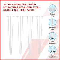 Set of 4 Industrial 3-Rod Retro Table Legs 12mm Steel Bench Desk - 41cm White dining Kings Warehouse 