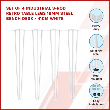 Set of 4 Industrial 3-Rod Retro Table Legs 12mm Steel Bench Desk - 41cm White dining Kings Warehouse 