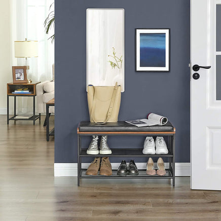 Shoe Bench with Mesh Shelf and Faux Leather Vintage Brown Black 80 x 30 x 48 cm Storage Supplies Kings Warehouse 