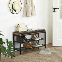 Shoe Bench with Mesh Shelf and Faux Leather Vintage Brown Black 80 x 30 x 48 cm Storage Supplies Kings Warehouse 