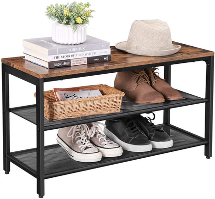 Shoe Rack with 2 Mesh Shelves, Rustic Brown and Black Storage Supplies Kings Warehouse 