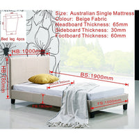Single Linen Fabric Bed Frame Beige Furniture > Bedroom Kings Warehouse 