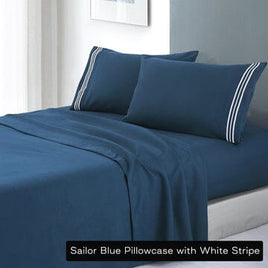 soft microfibre embroidered stripe sheet set double Sailor Blue Pillowcase White Stripe Kings Warehouse 