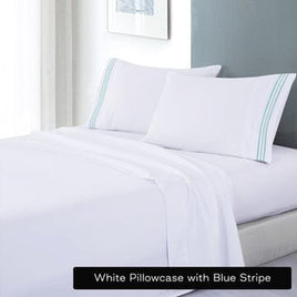 soft microfibre embroidered stripe sheet set double white pillowcase blue stripe Kings Warehouse 