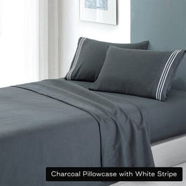 soft microfibre embroidered stripe sheet set king single charcoal pillowcase white stripe Kings Warehouse 