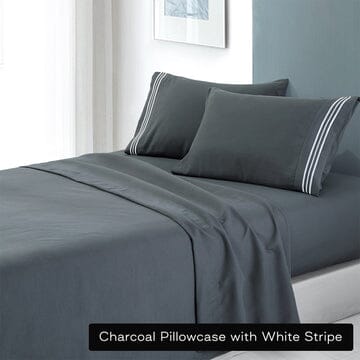 soft microfibre embroidered stripe sheet set king single charcoal pillowcase white stripe Kings Warehouse 