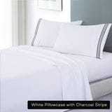soft microfibre embroidered stripe sheet set king single white pillowcase charcoal stripe Kings Warehouse 