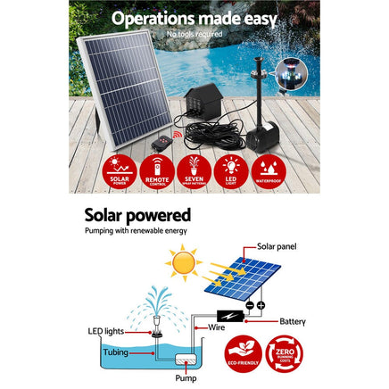 Solar Pond Pump with Battery Powered Submersible Kit LED Light & Remote 8.8 FT Afterpay Day Sale Kings Warehouse 
