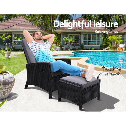 Sun lounge Recliner Chair Wicker Lounger Sofa Day Bed Outdoor Furniture Patio Garden Cushion Ottoman Black Gardeon Home & Garden > Garden Furniture Kings Warehouse 