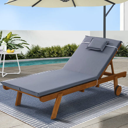 Sun Lounge Wooden Lounger Outdoor Furniture Day Bed Wheel Patio Grey Click Frenzy: The Main Event KingsWarehouse 