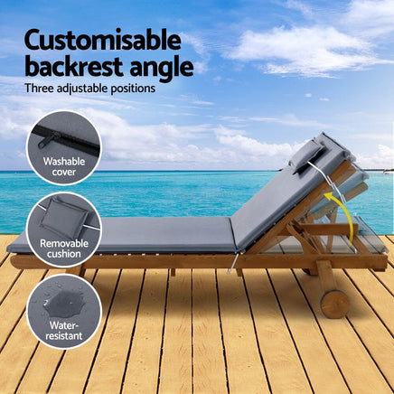 Sun Lounge Wooden Lounger Outdoor Furniture Day Bed Wheel Patio Grey Click Frenzy: The Main Event KingsWarehouse 