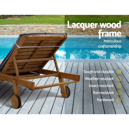 Sun Lounge Wooden Lounger Outdoor Furniture Day Bed Wheel Patio Grey Click Frenzy: The Main Event KingsWarehouse 