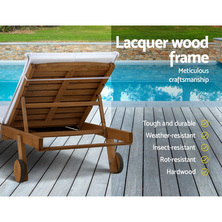 Sun Lounge Wooden Lounger Outdoor Furniture Day Bed Wheel Patio White KingsWarehouse 