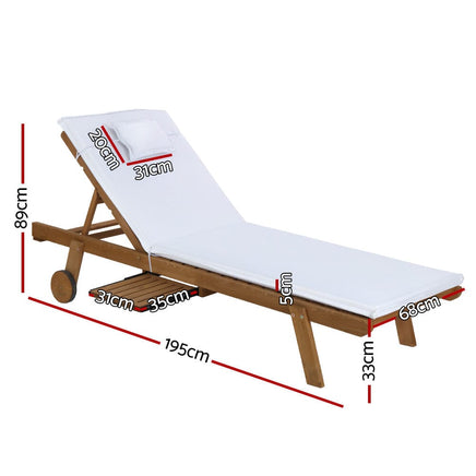 Sun Lounge Wooden Lounger Outdoor Furniture Day Bed Wheel Patio White KingsWarehouse 
