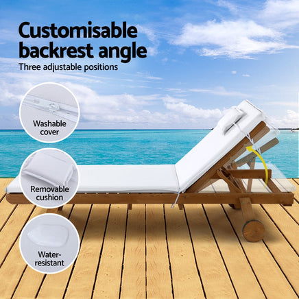 Sun Lounge Wooden Lounger Outdoor Furniture Day Bed Wheel Patio White KingsWarehouse 