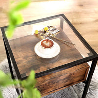 Tempered Glass End Table with Drawer and Rustic Shelf Stable Iron Frame living room Kings Warehouse 