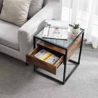 Tempered Glass End Table with Drawer and Rustic Shelf Stable Iron Frame living room Kings Warehouse 