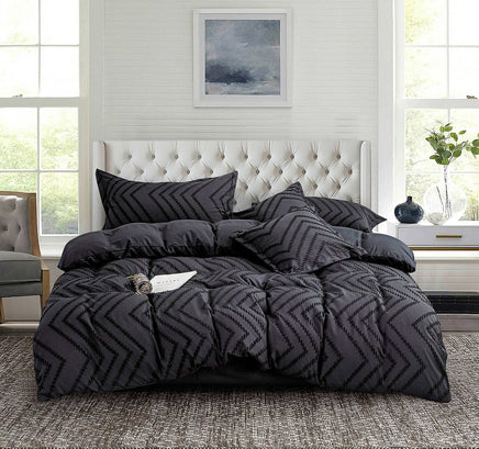 Tufted Boho Wave Jacquard Super King Size Black Duvet Doona Quilt Cover Set Kings Warehouse 
