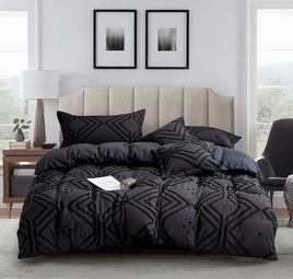 Tufted Textured Jacquard Queen Size Black Duvet Doona Quilt Cover Set Kings Warehouse 