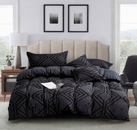 Tufted Textured Jacquard Super King Size Black Duvet Doona Quilt Cover Set Kings Warehouse 