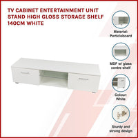 TV Cabinet Entertainment Unit Stand High Gloss Storage Shelf 140cm White living room Kings Warehouse 