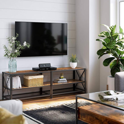 TV Stand for TV Steel Frame up to 178 cm with Shelves for Living Room and Bedroom Furniture Rustic Brown and Black living room Kings Warehouse 
