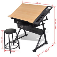 Two Drawers Tiltable Tabletop Drawing Table with Stool Kings Warehouse 