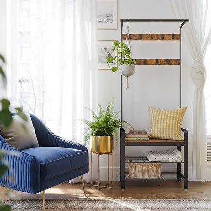 Vintage Coat Rack Shoe Bench, Wood Look Accent Furniture and Metal Frame Storage Supplies Kings Warehouse 