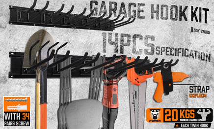 Wall Mounted Hook Rail Set Bike Holder Garden Tool Storage Rack Garage Organizer Kings Warehouse 