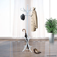 White Coat Rack with Stand Wooden Hat and 12 Hooks Hanger Walnut tree Storage Supplies Kings Warehouse 