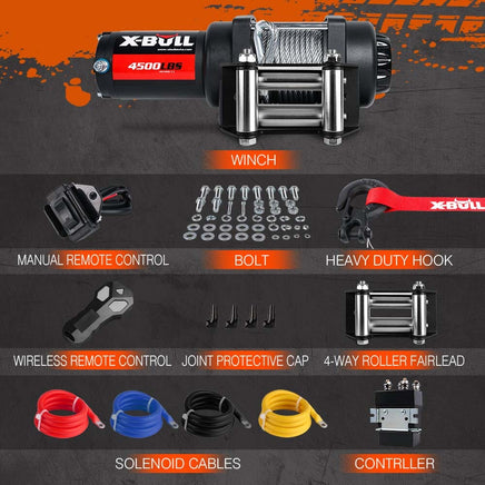 X-BULL 4500LB Electric Winch 12V Winch Boat Trailer ATV Steel Cable With 5.5MX13M Synthetic Rope Grey Kings Warehouse 