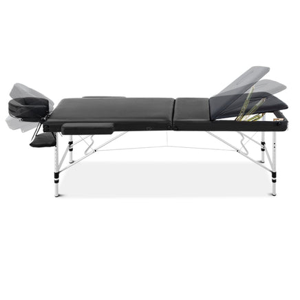Zenses Massage Table 60cm 3 Fold Aluminium Beauty Bed Portable Therapy Waxing Black KingsWarehouse 
