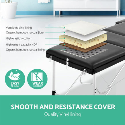 Zenses Massage Table 60cm 3 Fold Aluminium Beauty Bed Portable Therapy Waxing Black KingsWarehouse 