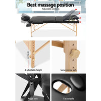 Zenses Massage Table 70cm 3 Fold Wooden Portable Beauty Therapy Bed Waxing Black KingsWarehouse 