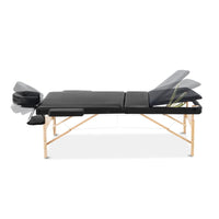 Zenses Massage Table 70cm 3 Fold Wooden Portable Beauty Therapy Bed Waxing Black KingsWarehouse 