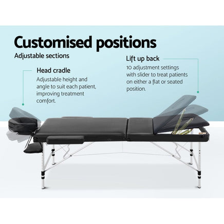 Zenses Massage Table 75cm 3 Fold Aluminium Beauty Bed Portable Therapy Black KingsWarehouse 