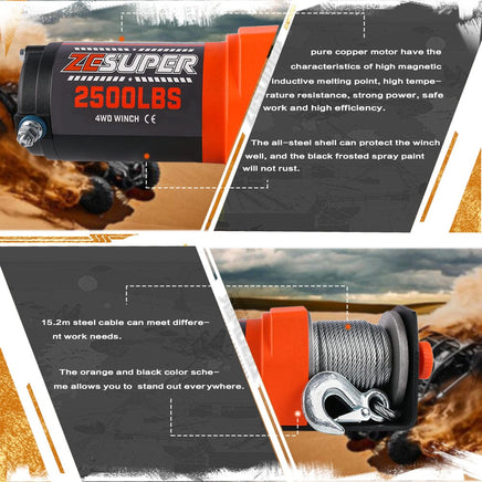 ZESUPER Electric Winch 2500LBS/1134KG 12V 15.2M Steel Cable ATV UTV 4WD 4X4 Boat Kings Warehouse 