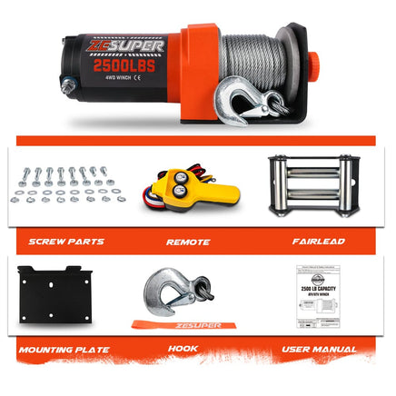 ZESUPER Electric Winch 2500LBS/1134KG 12V 15.2M Steel Cable ATV UTV 4WD 4X4 Boat Kings Warehouse 